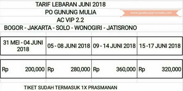 Harga Tiket Lebaran Bus Gunung Mulia 2018 - VIP Class